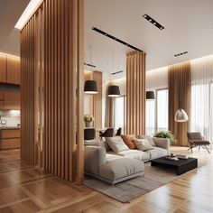 a living room filled with lots of furniture and tall windows covered in wooden slats