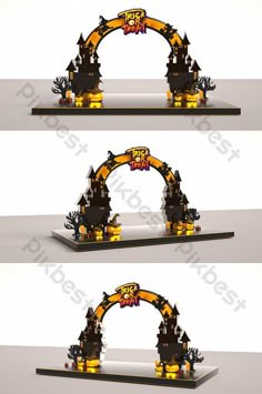 three different views of an arch made out of legos