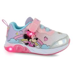 Make every day an adventure with Minnie Mouse-themed play sneakers. They'll love running around in shoes that light up with each step. The convenient strap closure makes them easy to access so they won't waste time getting ready for a day of fun.  synthetic uppercolorful Disney Minnie Mouse character on sideelastic laces and hook-and-loop strap closurepull-tab on heeltranslucent sole pods with lights that flash when you stepdurable and flexible non marking outsole Mini Mouse Shoes For Women, Disney Shoes For Kids, Sporty Mickey Mouse Synthetic Sneakers, Disney Pink Round Toe Sneakers, Pink Disney Sneakers With Round Toe, Casual Pink Minnie Mouse Sneakers, Minnie Mouse Sneakers With Round Toe In Synthetic, Minnie Mouse Synthetic Sneakers With Round Toe, Pink Minnie Mouse Low-top Sneakers