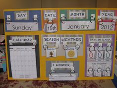 a bulletin board with calendars and magnets on it