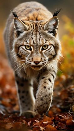 a close up of a cat walking on leaves