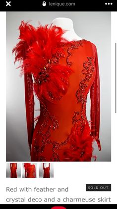 a red dress with feathers and crystals on it