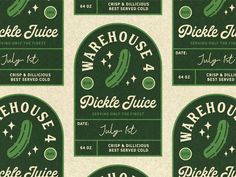 six different labels for pickle juice are shown in green and white, with the words pickle juice on them