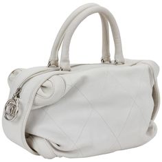 Chanel ice white bowler bag , resistant leather and silver tone hardware. Handle drop 6". Comes with hologram, id card and generic dust cover. Chick Shoes, Bowler Bag, Silver Bags, Bag Design, Dust Cover, Rebecca Minkoff Hobo, Fashion Handbags, Bowling, White Leather