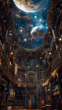 a room with many bookshelves filled with lots of books and planets in the ceiling