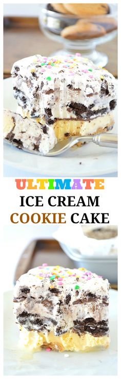 the ultimate ice cream cookie cake is ready to be cut in half and served on a plate