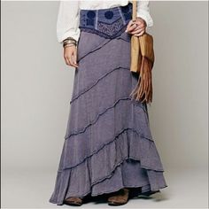 Free People Embroidered Waist Plate Layered Faded Convertible Maxi Skirt S Ruffle Victorian Romantic Lace Trim With Scalloped Edges Details Around Embroidery And Lace Insert Center Pattern. Floral Center Accent Matching Side Patterns Too. Long Cascading Layered Tiered Ruffle Asymmetrical Wave Style Skirt With Slightly High Low Hemlines Waist 13" Length 40-46" 3493 Hankerchief Skirt, Belly Dancer, Free People Skirt, Romantic Lace, Please Help Me, Belly Dancers, Style Skirt, Lace Insert, Scalloped Edges