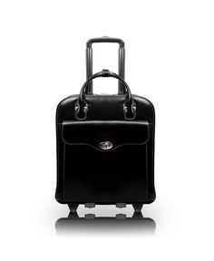 Patented 2-in-1 Detachable Wheel and Handle System. Vertical, euro influenced design allows easier maneuvering in tight, crowded areas. Narrow design also benefits users who travel on planes with the ability to maneuver down aisles without having to lift the bag. Stylish, flap-over front pocket for files and accessories with secure clasp and twist lock. Secure, centered zipper pocket within the main compartment. Main compartment features a padded laptop section that fits and protects most laptop Classic Cases With Luggage Sleeve For On-the-go, Classic Leather Travel Accessories With Luggage Sleeve, Classic Business Luggage With Leather Lining, Elegant Leather Luggage With Sleeve, Classic Luggage With Leather Lining For Business Trips, Luxury Black Leather Travel Accessories, Elegant Leather Business Travel Accessories, Elegant Black Leather Luggage, Leather Business Travel Accessories, Rectangular