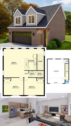 two story house plans with garage and living room in the middle, one bedroom on the second