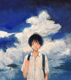 a painting of a man holding a backpack and standing in front of the sky with clouds