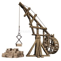 an old wooden crane and bricks