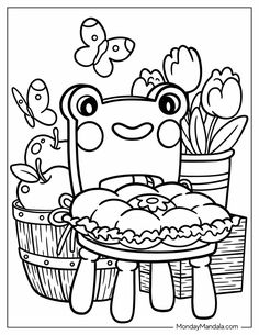 a cartoon character holding a basket full of flowers and an apple pie in it's hands