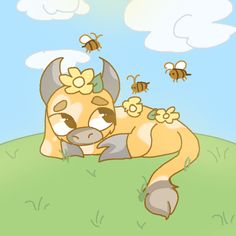 a cartoon cow laying on top of a grass covered field with bees flying over it