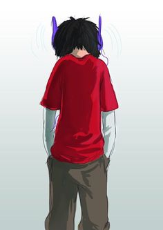 a boy with black hair and horns on his head wearing a red t - shirt