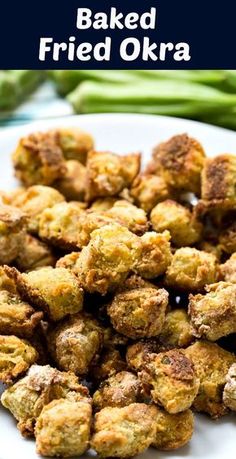 baked fried okra on a white plate with green beans and celery in the background