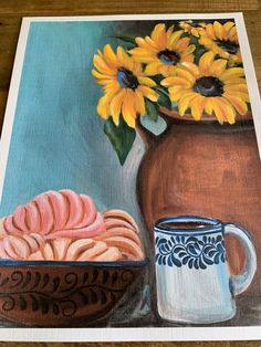 a painting of sunflowers in a vase next to a bowl of doughnuts