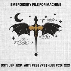 embroidery file for machine with an image of a bat flying over the moon and stars