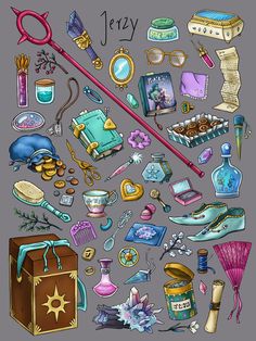 a collection of various items that are drawn in colored pencils and ink on gray paper