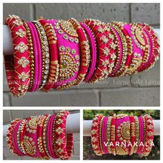 Silk Thread Bangles - Indian Bridal Designer Handmade Bangles - Red, Pink & Gold - Set of 26 silk thread bridal bangles for both hands: QUANTITY: 1 FULL SET of 26 bangles for both hands HOW TO CUSTOMIZE YOUR BANGLE? Bangle color can be customized to any color of your choice. * You can choose your color from the drop-down menu or * Leave a NOTE TO SELLER on the color while purchasing or * Drop a message in ETSY CONVERSATION and leave your outfit picture with color preferences if any. DO YOU NEED THIS SET TO BE DELIVERED BY ANY PREFERRED DATE? * Please leave Note on your preferred date of delivery when ordering or contact me in Etsy Convo prior ordering if you need it in less than 5 days from the day of order. BANGLE SIZE: * SIZE 2.4 - The inner diameter of bangle is 57.5mm. * SIZE 2.6 - The Pink Bangles, Indian Pink, Pink Thread, Silk Thread Bangles, Thread Bangles, Bangles Indian, Bridal Bangles, Handmade Bangles, Indian Fashion Dresses