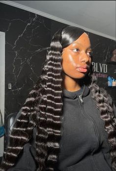 Side Parts With Crimps, Side Part Swoop With Crimps, See In Hairstyles Black Women, Swoop With Crimps, Lace Front Wigs For Black Women Style, Wig Frontal Hairstyles, Side Part Crimps Sew In, Black Frontal Wig Hairstyles, 13x4 Lace Front Wig Styles