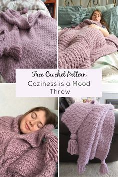 the crochet pattern for a cozy sweater is shown in three different pictures, including one