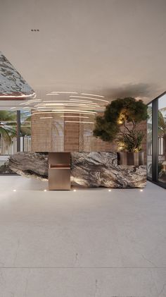 the interior of a modern house with large windows and marble counter tops, as well as potted trees