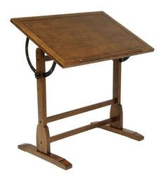 a wooden table with a metal handle on it's legs and a wood top