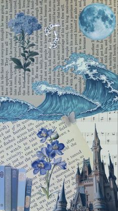 a collage of books, flowers and an image of a castle with waves coming out of it