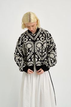 Eliza Faulkner Designs Inc. Jackets Frida Jacket Black & White Jaquard Cropped Flare Pants, Jacquard Jacket, New Mods, Seersucker Dress, Sweater Jumpsuit, Woven Jacket, Couture Tops, Contrast Piping, White Embroidery