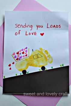 a handmade card with the words sending you loads of love on it and a yellow school bus