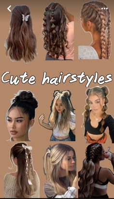 different hairstyles for girls with long hair and braids on them, all in various