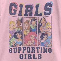 If you can't decide which of the Disney characters is your favorite… now you don't have to! Celebrate all of your favorites with this officially licensed Disney Group Shot Girl Helping Girls Girls' Graphic T-Shirt! This cute tee features panels with Jasmine, Ariel, Snow White, Cinderella, Pocahontas, Mulan, Belle, Tiana, and Rapunzel, along with the phrase "Girls Supporting Girls" in distressed print. Dress in style this season with this new fun apparel today that is perfect for Disney fans ever Girls Supporting Girls, Disney With A Toddler, Trending Graphic Tees, Mickey Mouse Shorts, Disney Toddler, Girls Support Girls, Girls Graphic Tee, Graphic Tee Design, Girls T Shirt