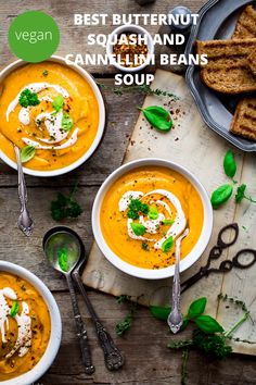 several bowls of soup with garnishes and crackers