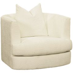 a white chair with two pillows on it's back and the seat upholstered