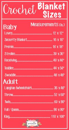 a red and white sign that says crochet blanket sizes baby measurements on it