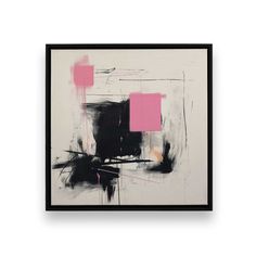 an abstract painting with black, pink and white squares