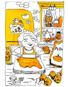 a drawing of a child in the kitchen with pumpkins on the counter and shelves