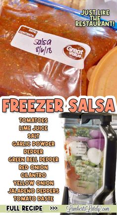 the freezer salsa recipe is ready to be put in the blender for sale