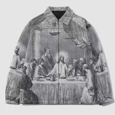 Retro And Vintage Design With "The Last Supper" Print, Perfect For Those Who Love Classic Art And Stvle Made Of High-Quality Materials, Ensuring Durability And Comfort For Everyday Wear Zip-Up Closure For Easy And Convenient Wear Ideal For Spring And Fall Seasons, Providing Just The Right Amount Of Warmth Perfect For Casual Occasions, College, And Hipster Stle Lovers A Unique And Eye-Catching Addition To Your Wardrobe Fall Street Wear, Raglan Sleeve Jacket, Last Supper, Khaki Color, Jacket Pattern, Print Jacket, Long Sleeves Jacket, Sports Jacket, Vintage Jacket