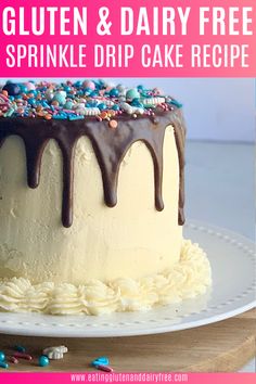 Part of a sprinkle drip cake made with gluten free and dairy free cake. Sprinkle Cake Recipe, Dairy Free Birthday Cake, Sprinkle Birthday Cake, Drip Birthday Cake, Drip Cake Recipes, Dairy Free Buttercream, Sprinkle Birthday, Sprinkles Birthday Cake, Dairy Free Frosting