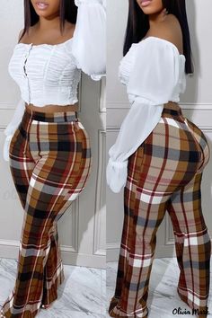 Olivia Mark - Ladies High-Waisted Casual Trousers with Brown Plaid Patchwork High Waist Trousers, Baddie Outfits Casual, Plaid Pants, Female Fashion, Swag Outfits, Plaid Print, High Waisted Trousers, Plus Size Casual, Classy Outfits