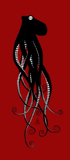 an octopus is shown on a red background with swirls and dots in the shape of waves