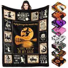 a woman is holding up a blanket with halloween images on it and the words, i'm going through the moonlight sky