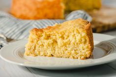 a piece of cornbread on a white plate