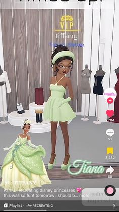 an animated image of a woman in a dress and tiara standing next to mannequins