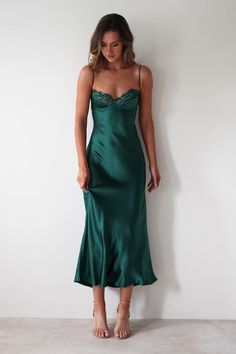 PAREESA SOFT SATIN MAXI DRESS Dark Green Silk Dress, Event Fits, Stunning Wedding Guest Dresses, Forest Green Dress, Fancy Event, Green Silk Dresses, White Bridal Dresses, Maxi Dress Wedding Guest, White Bridesmaid Dresses