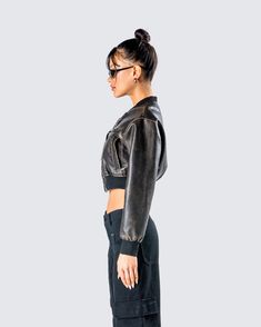 Edge them in this black cropped jacket 😜 Made from faux leather with a vintage washed effect and complete with a rib trim on the neck band, hem band, sleeve cuffs and a center front metal zipper closure with leather pull tab for a look that will have them wanting to take you on a wild ride 🖤 Cropped Leather Jacket For Streetwear, Trendy Cropped Leather Jacket For Streetwear, Cropped Leather Jacket For Winter Streetwear, Edgy Cropped Leather Jacket For Fall, Black Cropped Jacket With Ribbed Cuffs For Fall, Cropped Leather Jacket For Fall Streetwear, Fitted Casual Cropped Leather Jacket, Fall Leather Cropped Jacket For Streetwear, Fall Outerwear With Ribbed Cuffs In Washed Black