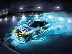 a car with blue and yellow lights driving on a race track