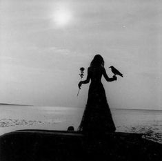 a woman in a long dress holding two birds on her arm while standing next to the ocean