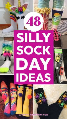 I've scoured the web for 48 of my favourite crazy sock day ideas to get you inspired! Whether you call them crazy, silly, funny, wacky or cheesy socks. It doesn't matter, they're all good fun and great for spirit week, fundraising or bringing awareness for charities and organisations. You'll find quick, easy silly socks. DIY or last-minute store bought options too. Find them at A Visual Merriment | #crazy #silly #socks #kids